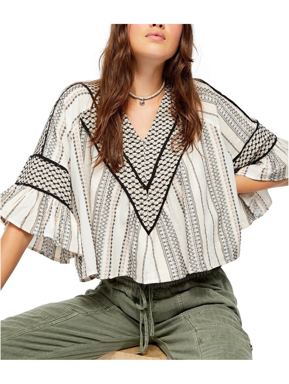 Free People Runnin On A Dream Top Black White Ivory Embroidered Crop Top SMALL